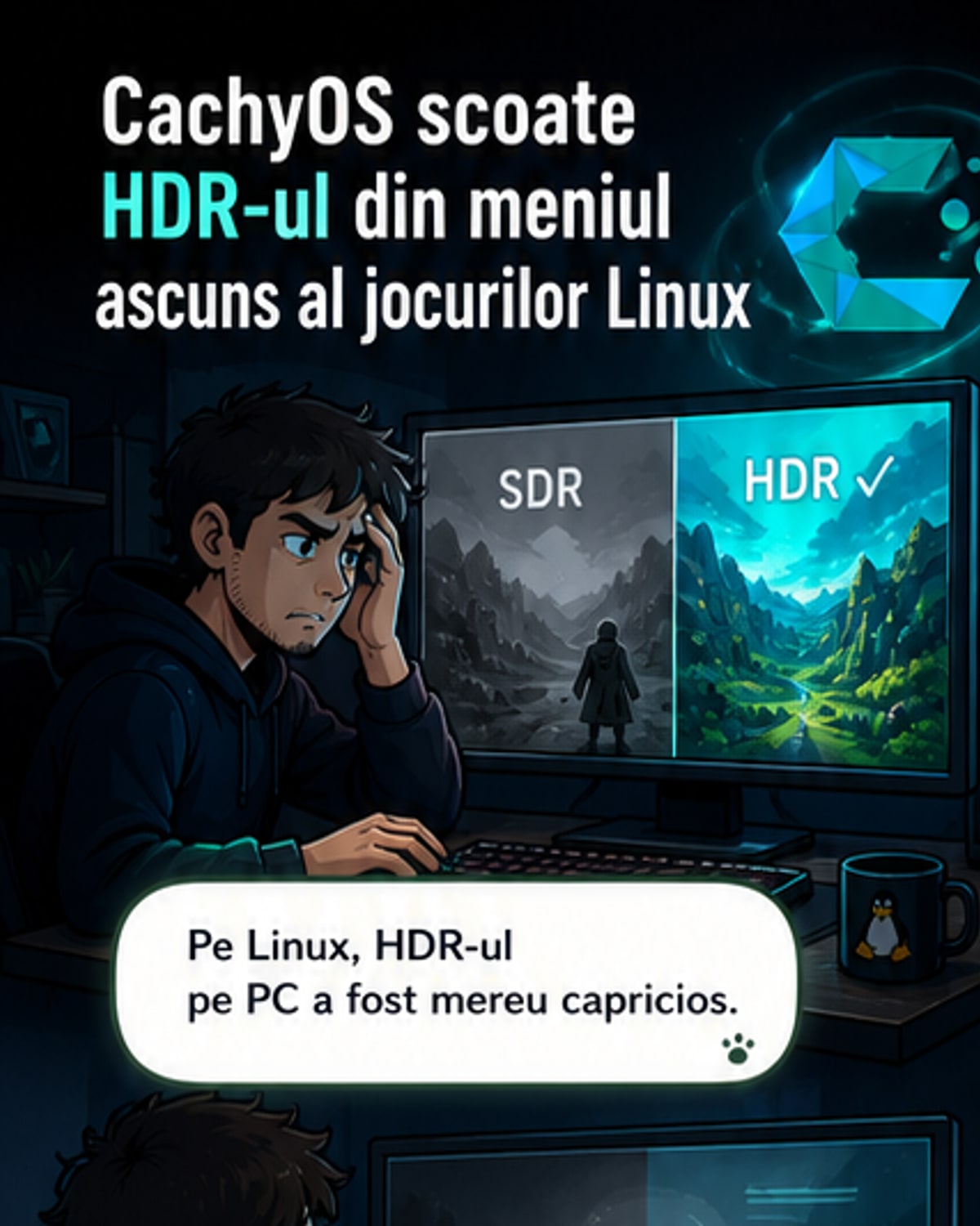 Ilustrație care arată un monitor cu efect HDR activat automat în timp ce un jucător pornește un joc pe Linux, cu logo-ul CachyOS și Proton în fundal.