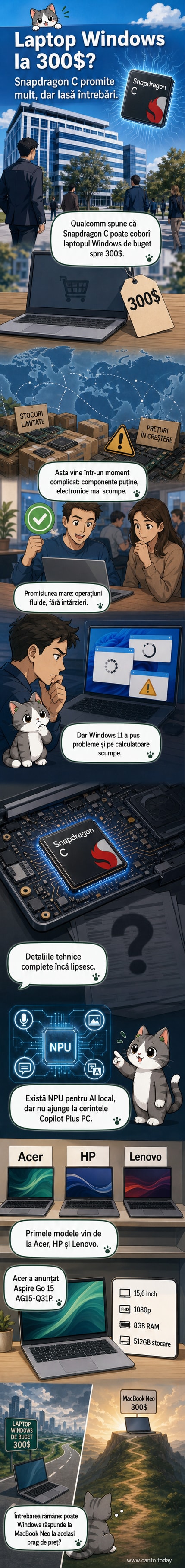 Ilustrație cu un laptop subțire cu logo-ul Windows și cipul Snapdragon C în interior, pe fundal al unei diagrame tehnologice simple.
