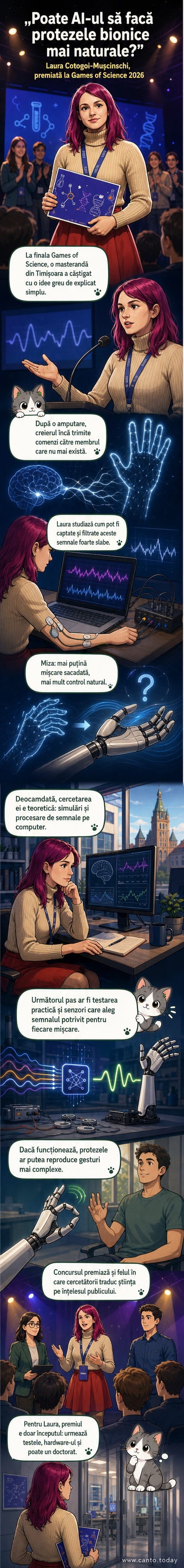 O tânără cercetătoare prezintă un prototip de mână bionică controlată prin semnale musculare și inteligență artificială.