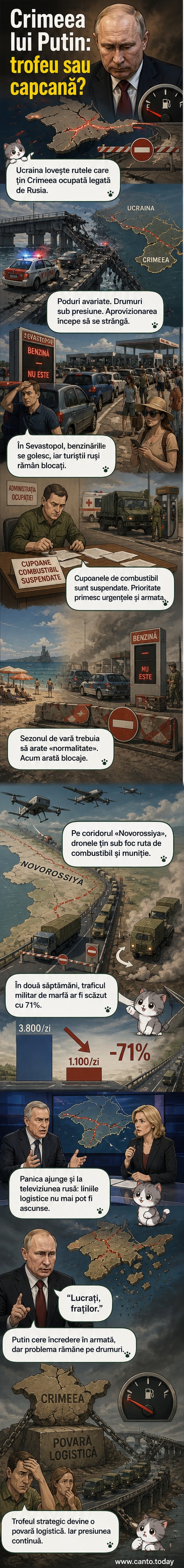 Ilustrație care arată o peninsulă izolată, cu poduri avariate și drone militare deasupra, simbolizând izolare logistică și presiune strategică în Crimeea.