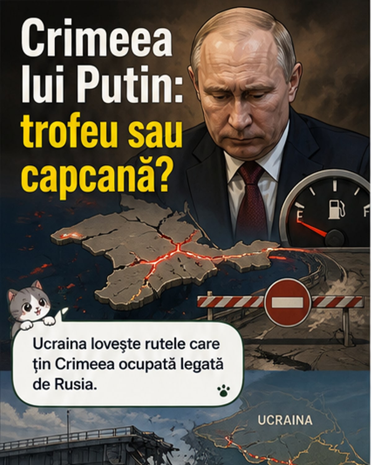 Ilustrație care arată o peninsulă izolată, cu poduri avariate și drone militare deasupra, simbolizând izolare logistică și presiune strategică în Crimeea.