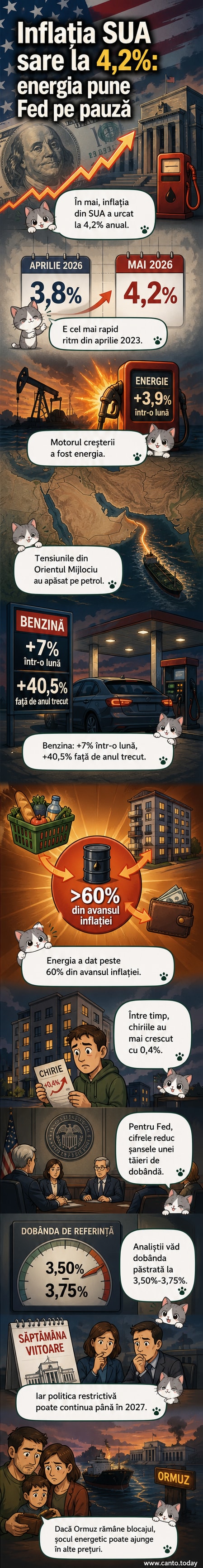 Ilustrație care reprezintă un grafic al inflației din SUA în creștere, cu simboluri pentru benzină, electricitate și locuințe, într-un fundal cu tensiuni geopolitice din Orientul Mijlociu.