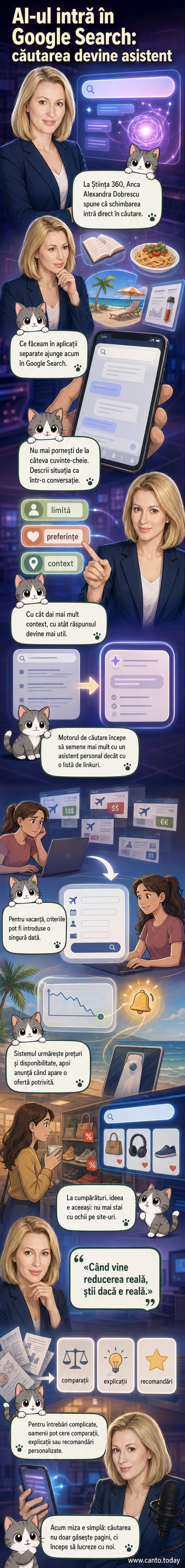 Ilustrație care arată un utilizator vorbind cu Google Search ca și cum ar discuta cu un asistent personal, cu buline de dialog care conțin exemple de sarcini: căutare zbor, monitorizare prețuri, înțelegere analize medicale.