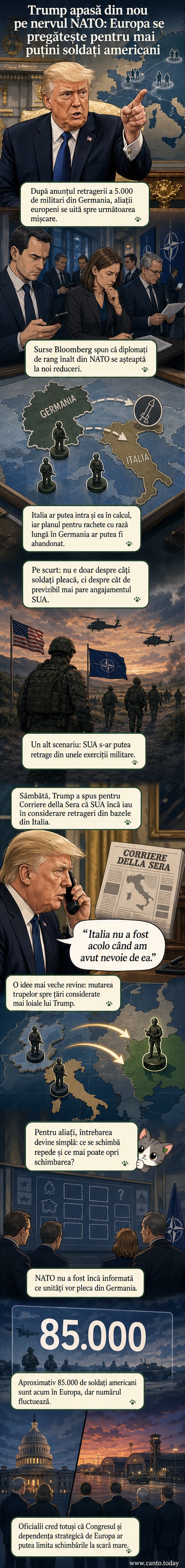 Ilustrație cu siluete ale unor soldați americani plecând din Europa, cu harta continentului în fundal și simbolul NATO