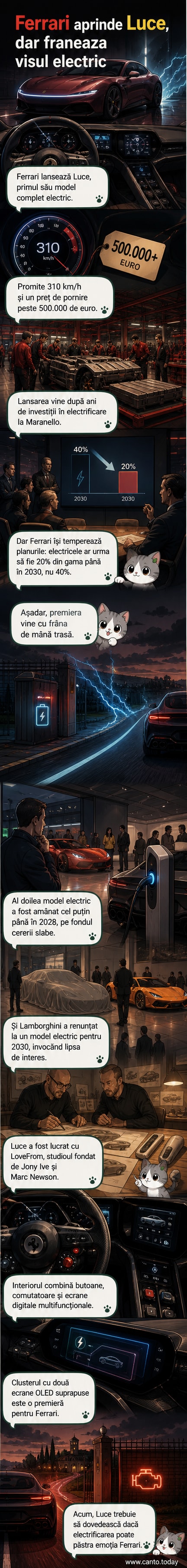 Mașina roșie Ferrari Luce, primul model complet electric al mărcii, cu design futurist și linii elegante, expusă pe un fundal urban modern.