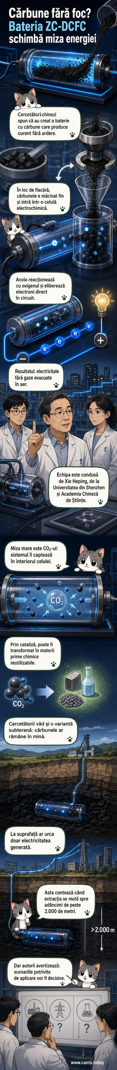 Ilustrare a unei celule electrochimice care transformă praf de cărbune în electricitate, cu fluxuri de electroni și captare internă de CO₂.