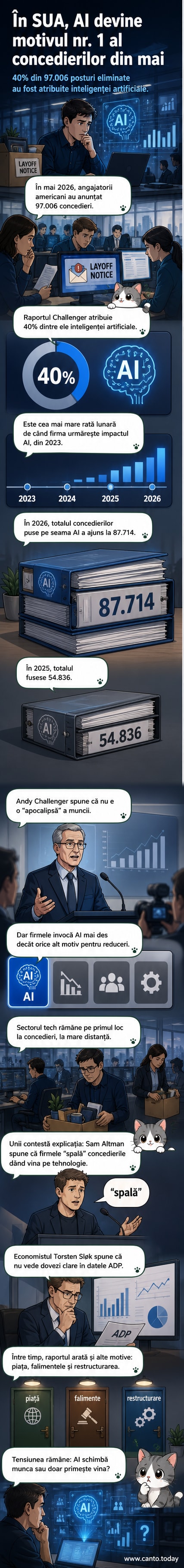 Ilustrație cu un birou golit parțial, un monitor afișând un robot stilizat și un grafic cu tendința concedierilor atribuite IA în creștere în SUA