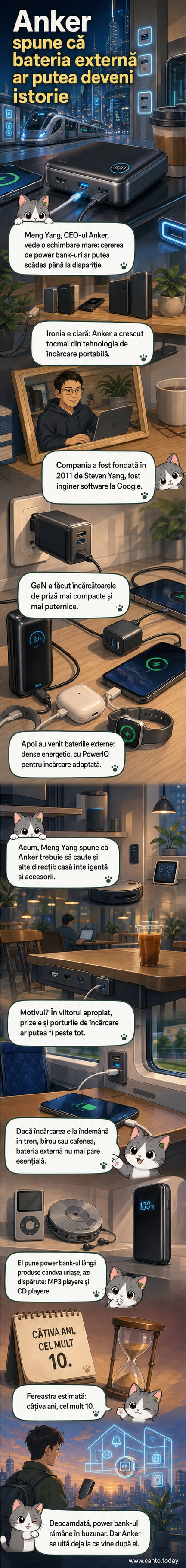 Ilustrație care arată o baterie externă lăsată într-un sertar, lângă un telefon care se încarcă la priză într-un spațiu public modern.