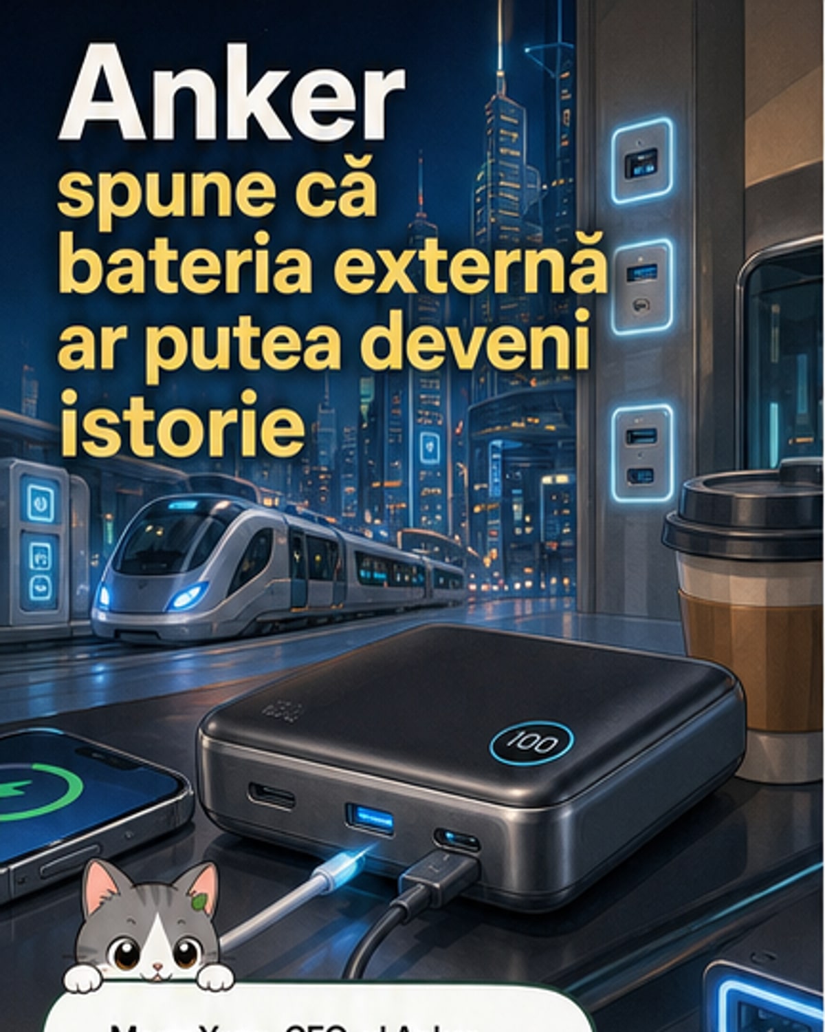 Ilustrație care arată o baterie externă lăsată într-un sertar, lângă un telefon care se încarcă la priză într-un spațiu public modern.