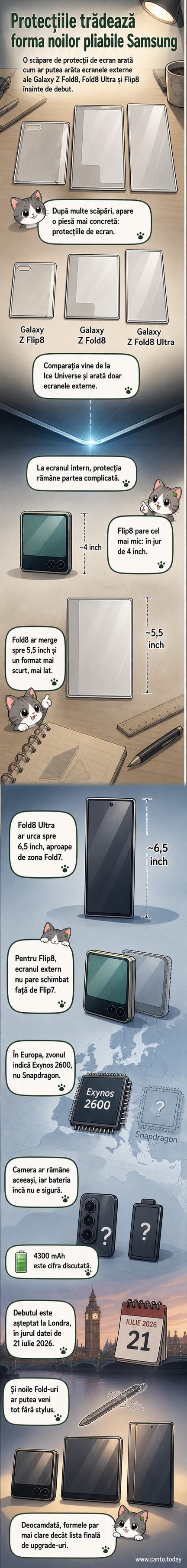 Imagine de comparație între protecțiile ecranului pentru Galaxy Z Flip8, Fold8 și Fold8 Ultra, arătând dimensiunile diferite ale ecranelor externe.
