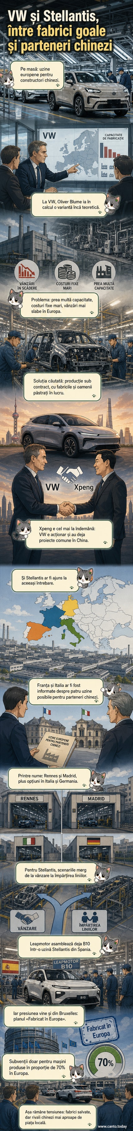 Două uzine auto europene cu logo-urile VW și Stellantis, în fundal un panou cu logo-uri de mărci chinezești, simbolizând posibila cedare a capacităților de producție.
