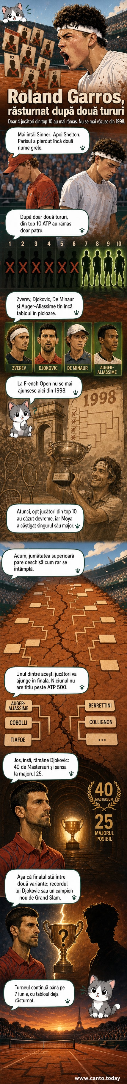 Ilustrație webtoon cu jucători de tenis în fața unui tabel de turneu, cu majoritatea căsuțelor top 10 blocate, simbolizând eliminările premature de la Roland Garros 2026.