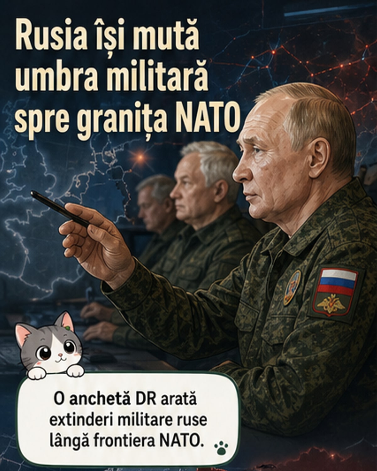 Hartă schematică care arată extinderea bazelor militare rusești în apropierea frontierelor cu Finlanda, Estonia și Norvegia, cu puncte marcate în Karelia și Kaliningrad.