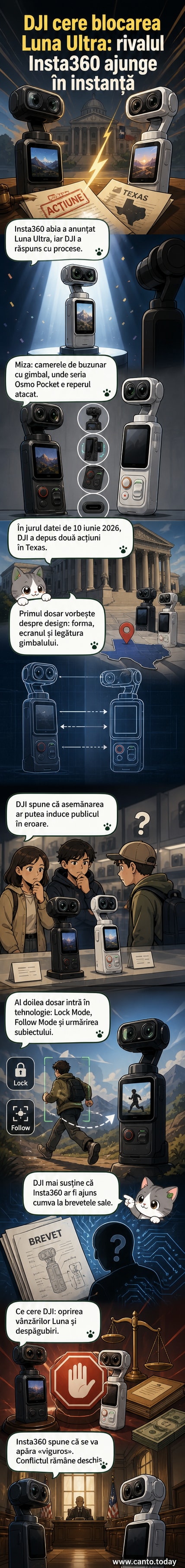Două camere de buzunar alăturate, una DJI Osmo Pocket 3 și una Insta360 Luna Ultra, cu o lupă care evidențiază asemănările vizuale, într-un cadru de tribunal digital.