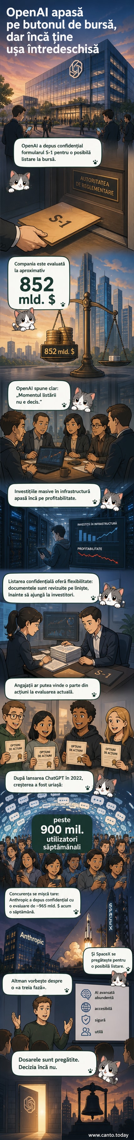 Ilustrație cu clădirea unei burse și logo-ul OpenAI, sugerând pregătirea pentru listare.