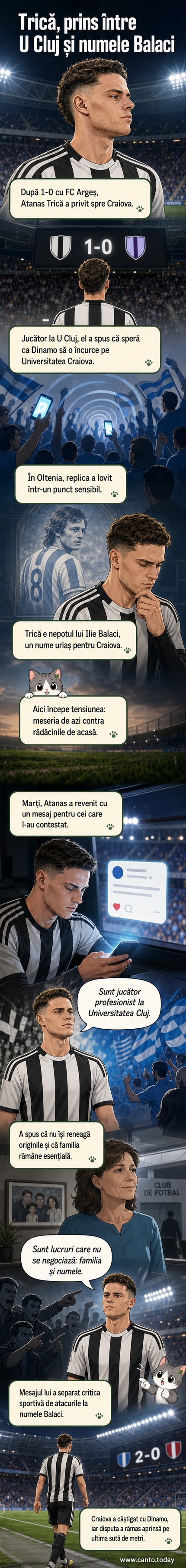 Atanas Trică, jucătorul U Cluj, într-o imagine de meci, cu tricou alb-albastru, privind spre stadion, în contextul polemicii cu suporterii Craiovei.