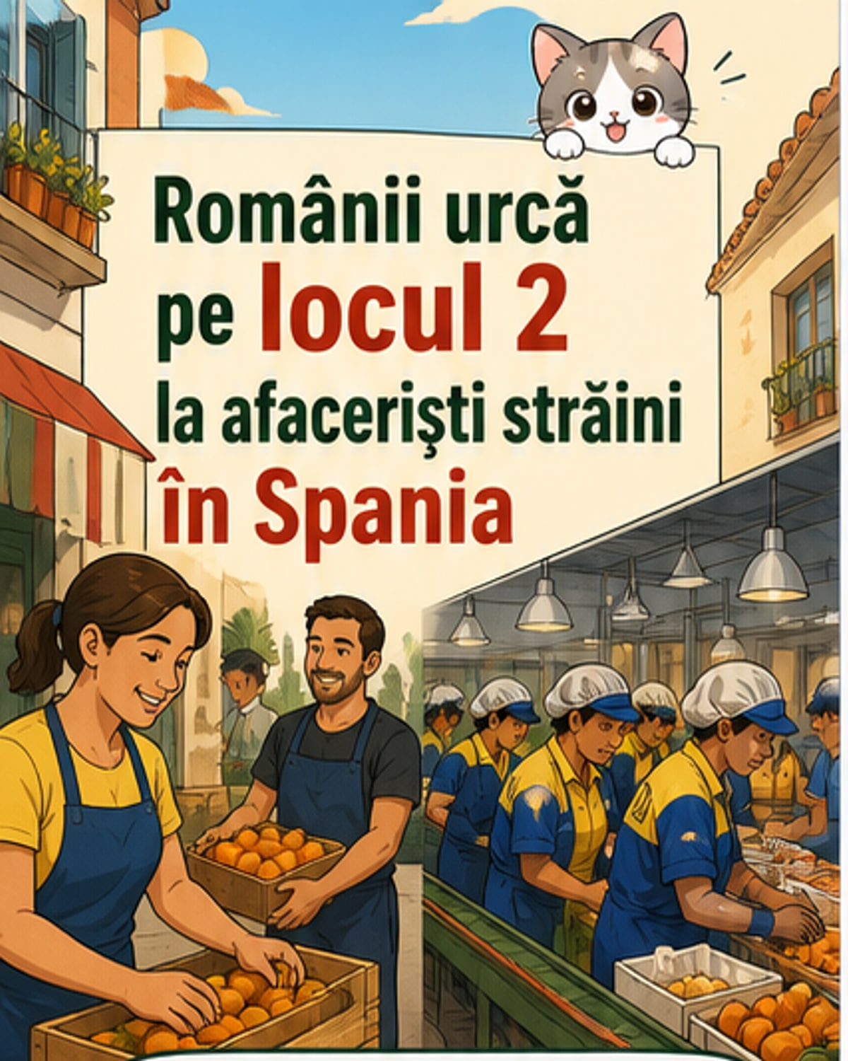 Ilustrație cu doi antreprenori români deschizând un mic magazin în Spania, într-un decor urban mediteranean.