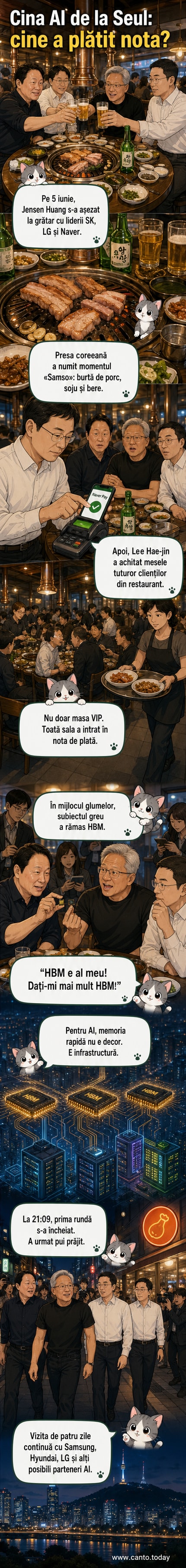 Patru lideri tehnologici stau la o masă cu grătar într-un restaurant din Seul, înconjurat de farfurii cu burtă de porc și sticle de soju.