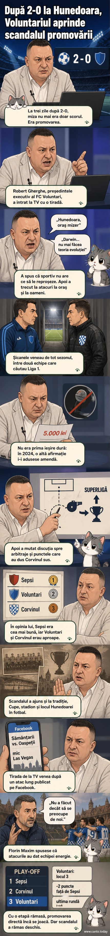 Ilustrație stilizată: un bărbat în costum, la microfonul unui studio TV, arată indignat spre un oraș industrial cu un stadion în fundal. Pe ecranul din spate, textul: „Hunedoara, oraș mizer!”