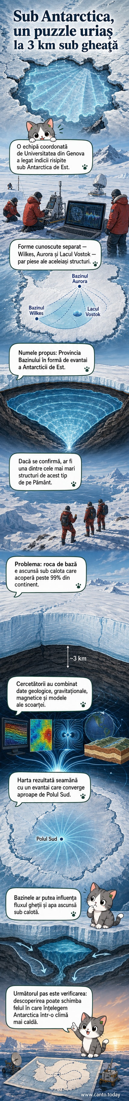 Ilustrare webtoon care arată o structură în formă de evantai sub calota de gheață din Antarctica, cu bazine subglaciare și Lacul Vostok marcate adânc sub suprafață.