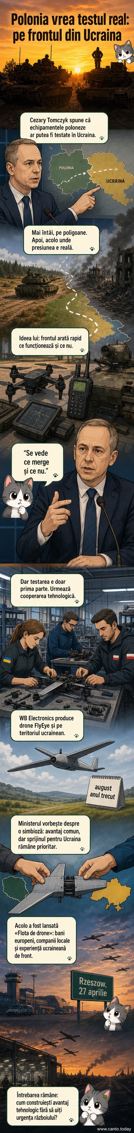 Ilustrație care arată o dronă militară poloneză FlyEye zburând deasupra unui câmp de luptă din Ucraina, cu simbolurile celor două țări în fundal.