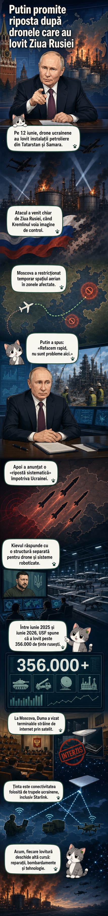 Ilustrație cu drone ucrainene atacând o rafinărie în flăcări în Rusia, cu Kremlinul în fundal