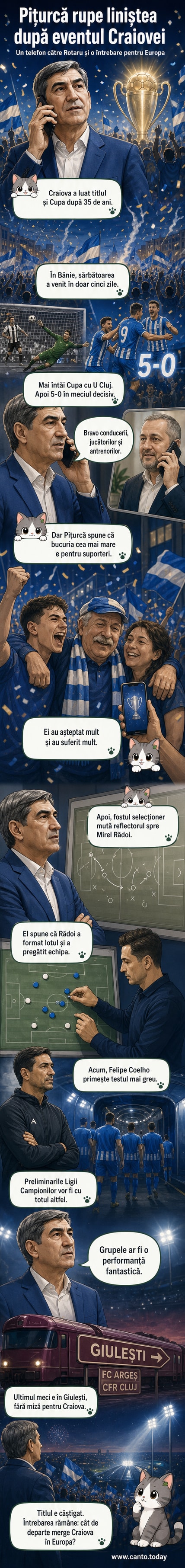 Victor Pițurcă vorbește la telefon, într-o scenă ilustrată, cu fundal de fanii în delir la Craiova.