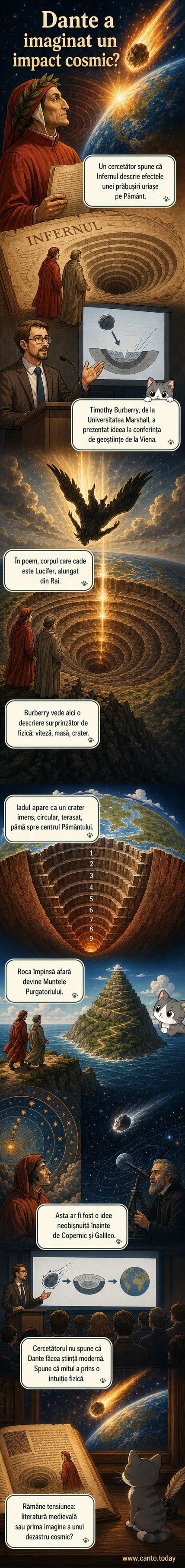 O ilustrație stilizată a lui Lucifer căzând pe Pământ, cu un vortex de foc și rocă, inspirată din scena din „Infernul” lui Dante, alături de o hartă schematică a cercurilor Iadului.