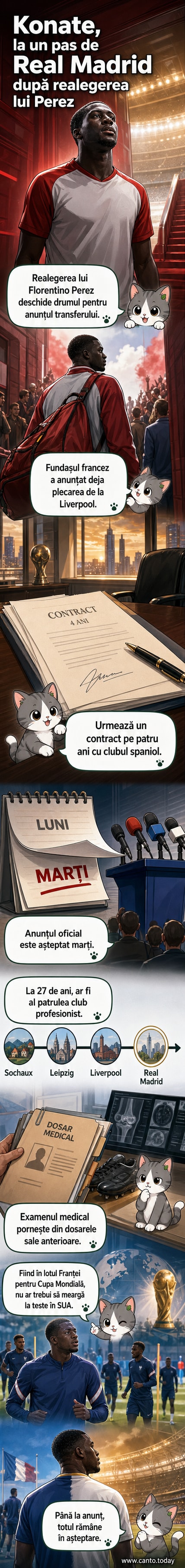 Ilustrare a fundașului Ibrahima Konaté în tricoul Real Madrid, în fața stadionului Santiago Bernabéu.