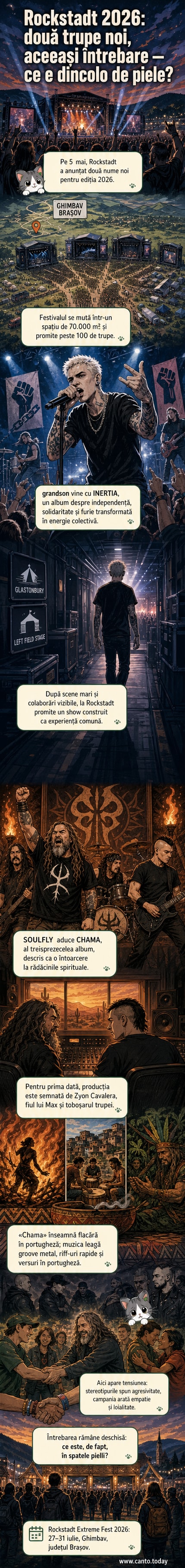 Poster artistic al festivalului Rockstadt Extreme Fest 2026 cu siluetele lui grandson și SOULFLY pe scene, înconjurat de simboluri tribale și mesaje despre comunitate și autenticitate.