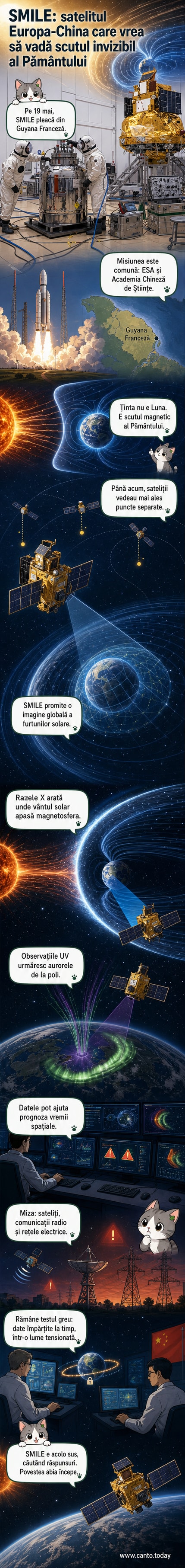 Ilustrație webtoon care arată satelitul SMILE în orbită, capturând imagini în raze X și ultraviolet ale interacțiunii dintre vântul solar și câmpul magnetic al Pământului, cu aurore polare vizibile în fundal.