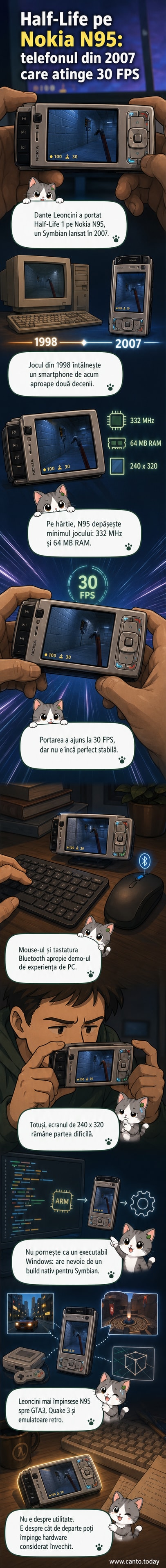 Un telefon Nokia N95 din 2007 afișează pe ecran jocul Half-Life, conectat la o tastatură și un mouse prin Bluetooth.