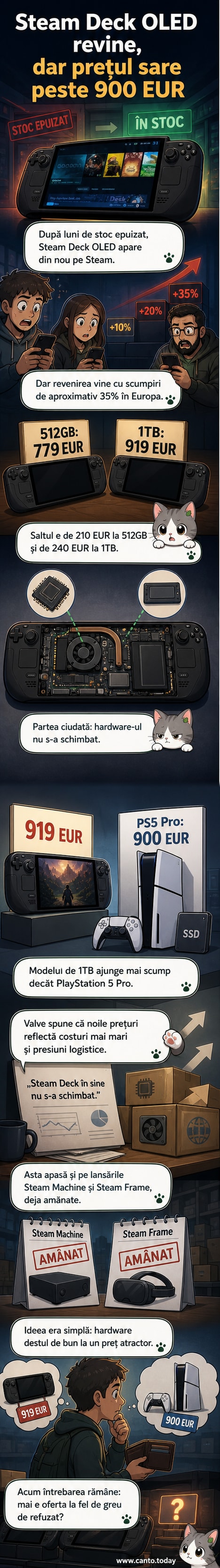 Ilustrație cu Steam Deck OLED și PlayStation 5 Pro alăturate, cu etichete de preț care evidențiază diferența: 919 euro vs 900 euro.
