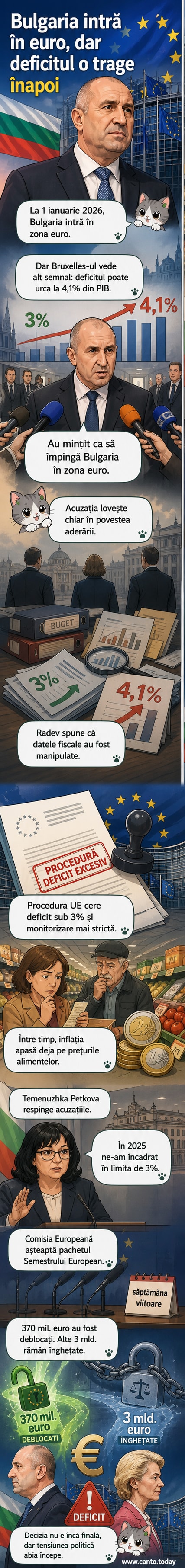 Ilustrație cu harta Bulgariei și simbolul euro, cu o săgeată roșie care indică un deficit bugetar crescând, într-un context de tensiune politică și monitorizare europeană.