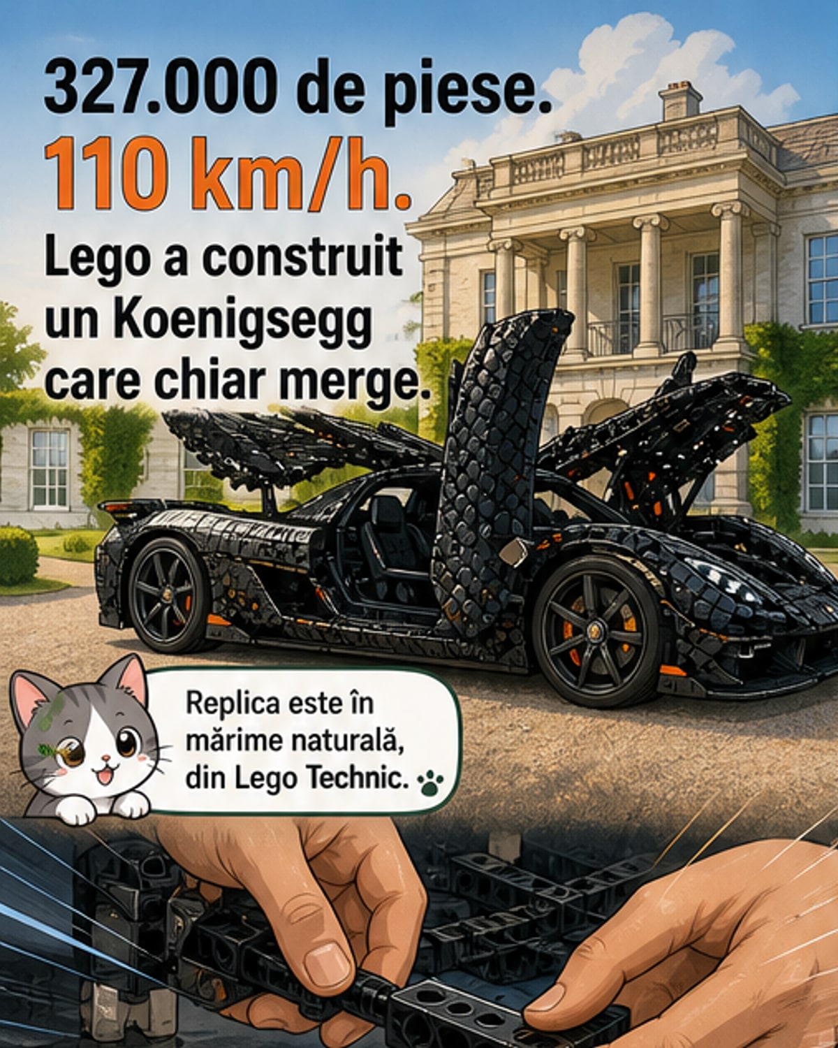 O mașină neagră cu accente portocalii, construită complet din piese Lego, în formă de Koenigsegg, stând pe o platformă expozițională.