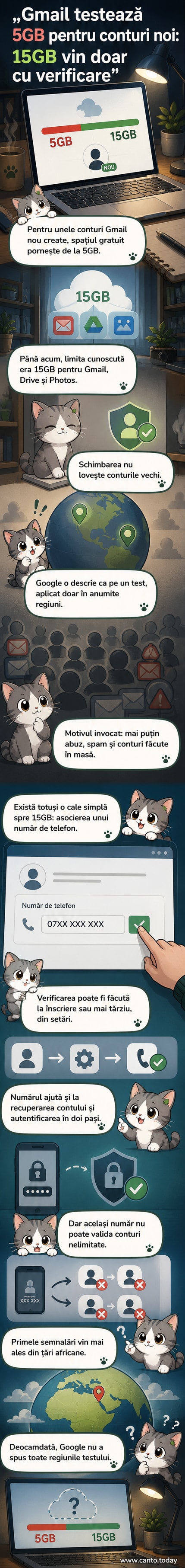 Ilustrație cu un utilizator privind un telefon și un laptop, în timp ce un semn de alertă roșu apare pe ecranul Gmail cu textul 'Doar 5GB disponibili'.