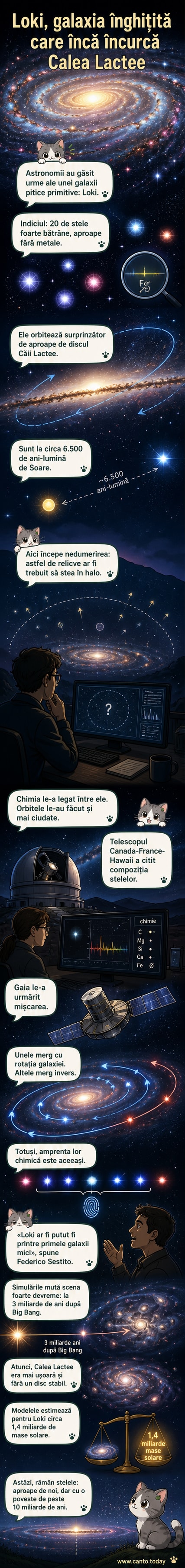 Ilustrare artistică a unei galaxii pitice primitive, numită Loki, în momentul înghițirii de către Calea Lactee, cu stele bătrâne și sărace în metale dispersate în apropierea discului galactic.