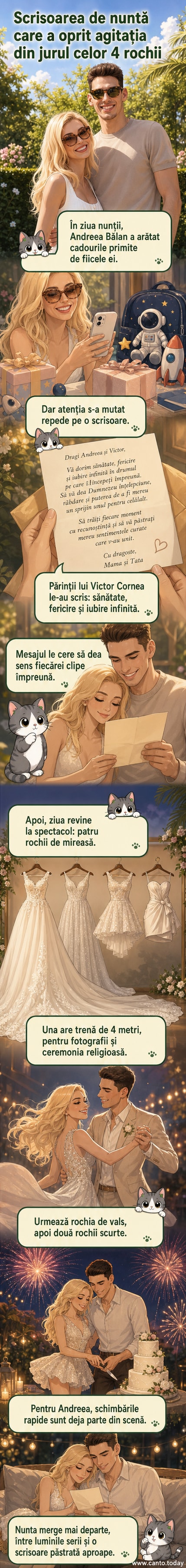 Ilustrație stilizată a unei scrisori deschise cu mesajul „Felicitări, casă de granit!” și inimi în fundal, alături de siluetele lui Andreea Bălan și Victor Cornea.
