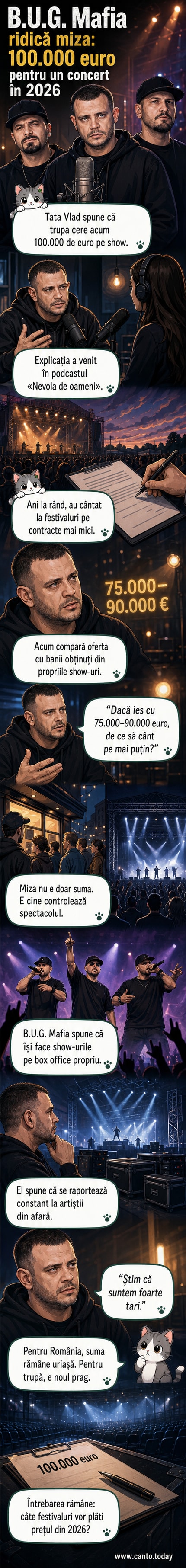 Ilustrație cu Tataee de la B.U.G. Mafia pe scenă, în fața unui ecran cu cifra 100.000 €, simbolizând noua cerință financiară pentru un concert în 2026.