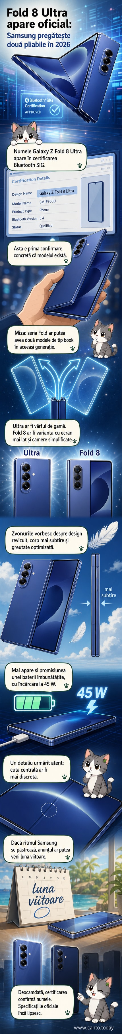 Ilustrație a unui telefon pliabil Samsung Galaxy Z Fold 8 Ultra deschis pe o masă, cu ecranul luminat și o linie subțire care indică zona de pliere.