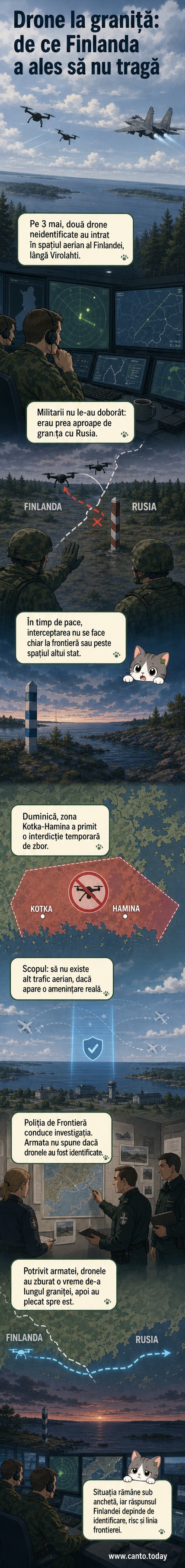 Ilustrație cu două drone zburând de-a lungul graniței dintre Finlanda și Rusia, cu un avion de luptă finlandez în zonă, dar fără a interveni.