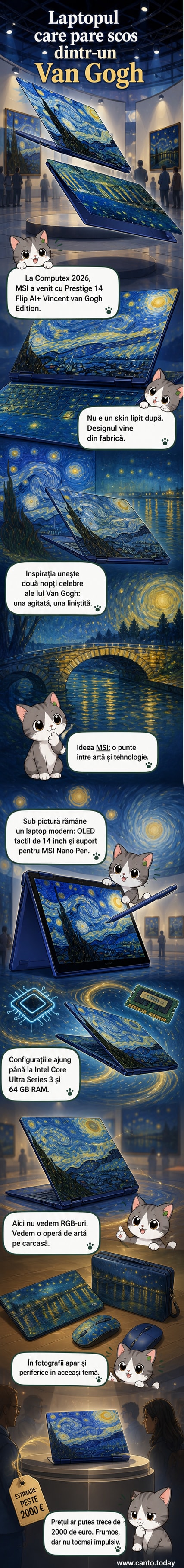 Laptopul MSI Prestige 14 Flip AI+ Vincent van Gogh Edition cu design inspirat din tablourile Starry Night și Starry Night Over the Rhône, expus pe un fundal de expoziție la Computex 2026.