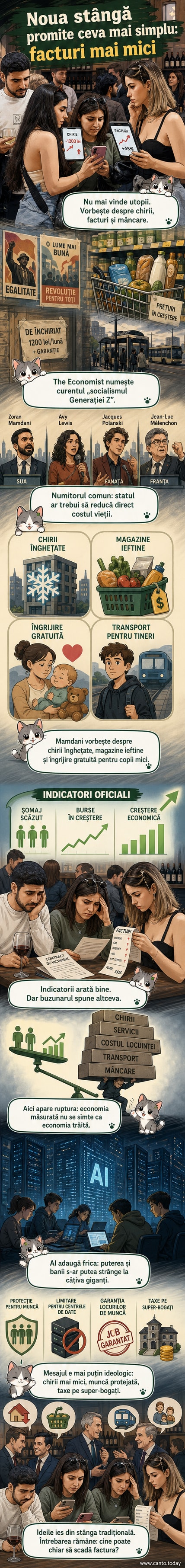 Ilustrație cu o familie în fața unei case, privind o factură mare, în timp ce un politician le promite reduceri.