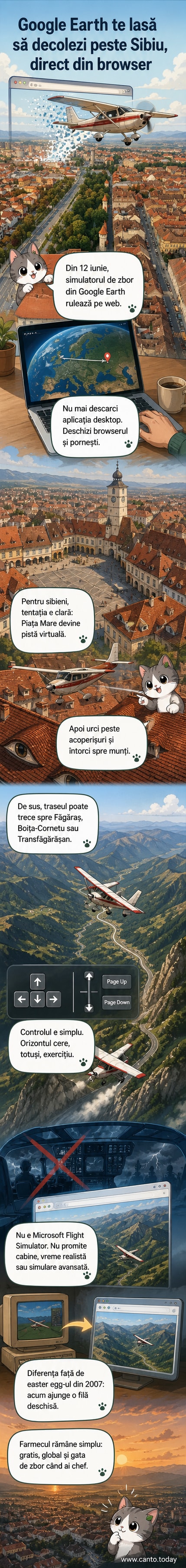 Captură de ecran cu centrul istoric al Sibiului văzut din aer în simulatorul de zbor Google Earth, cu Turnul Sfatului și acoperișurile tradiționale vizibile.