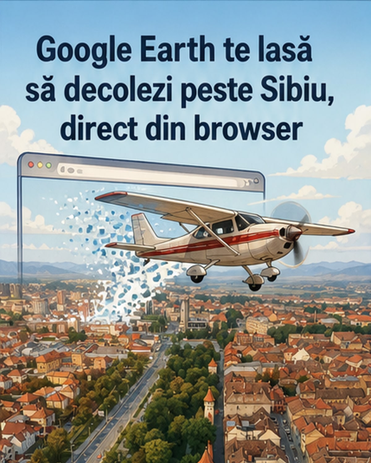 Captură de ecran cu centrul istoric al Sibiului văzut din aer în simulatorul de zbor Google Earth, cu Turnul Sfatului și acoperișurile tradiționale vizibile.