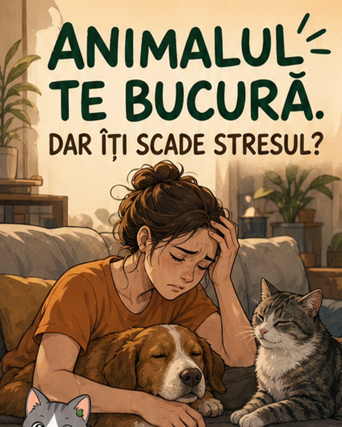 O persoană stresată ține în brațe o pisică, cu privirea pierdută, într-un living liniștit.