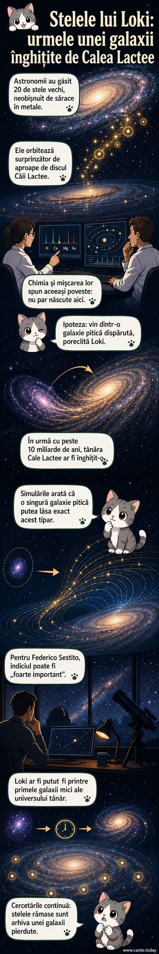 Ilustrare artistică a Căii Lactee cu o galaxie pitică în apropiere, marcată cu stele ciudate care provin din galaxia dispărută Loki.