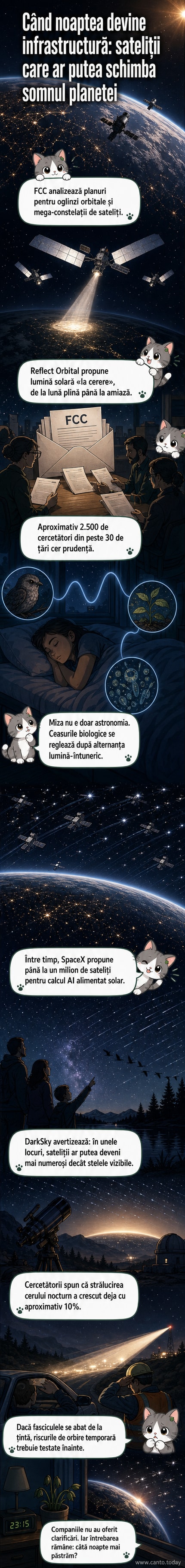 Un satelit cu oglinzi reflectorizante orbitează Pământul noaptea, proiectând o rază de lumină asupra unei zone urbane, cu stelele din fundal acoperite treptat de lumina artificială.
