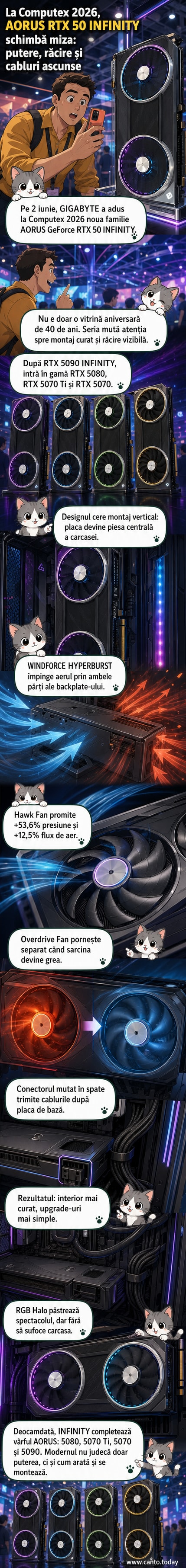 Placă video AORUS GeForce RTX 50 INFINITY expusă vertical la standul GIGABYTE de la Computex 2026, cu design premium, iluminare RGB și sistem de răcire vizibil