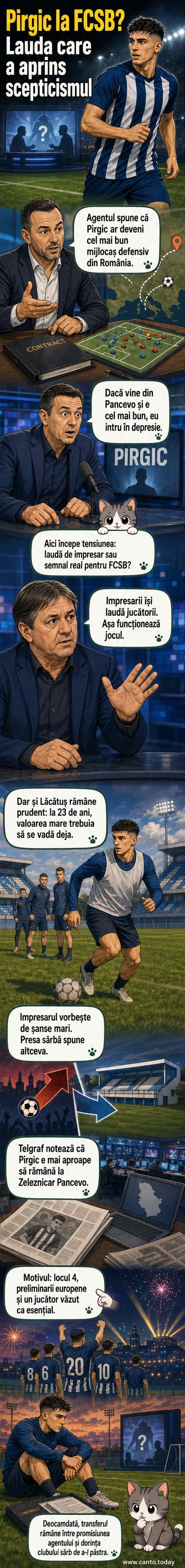 Ilustrație cu doi comentatori de fotbal discutând despre un transfer, cu portretul lui Stefan Pirgic în fundal.